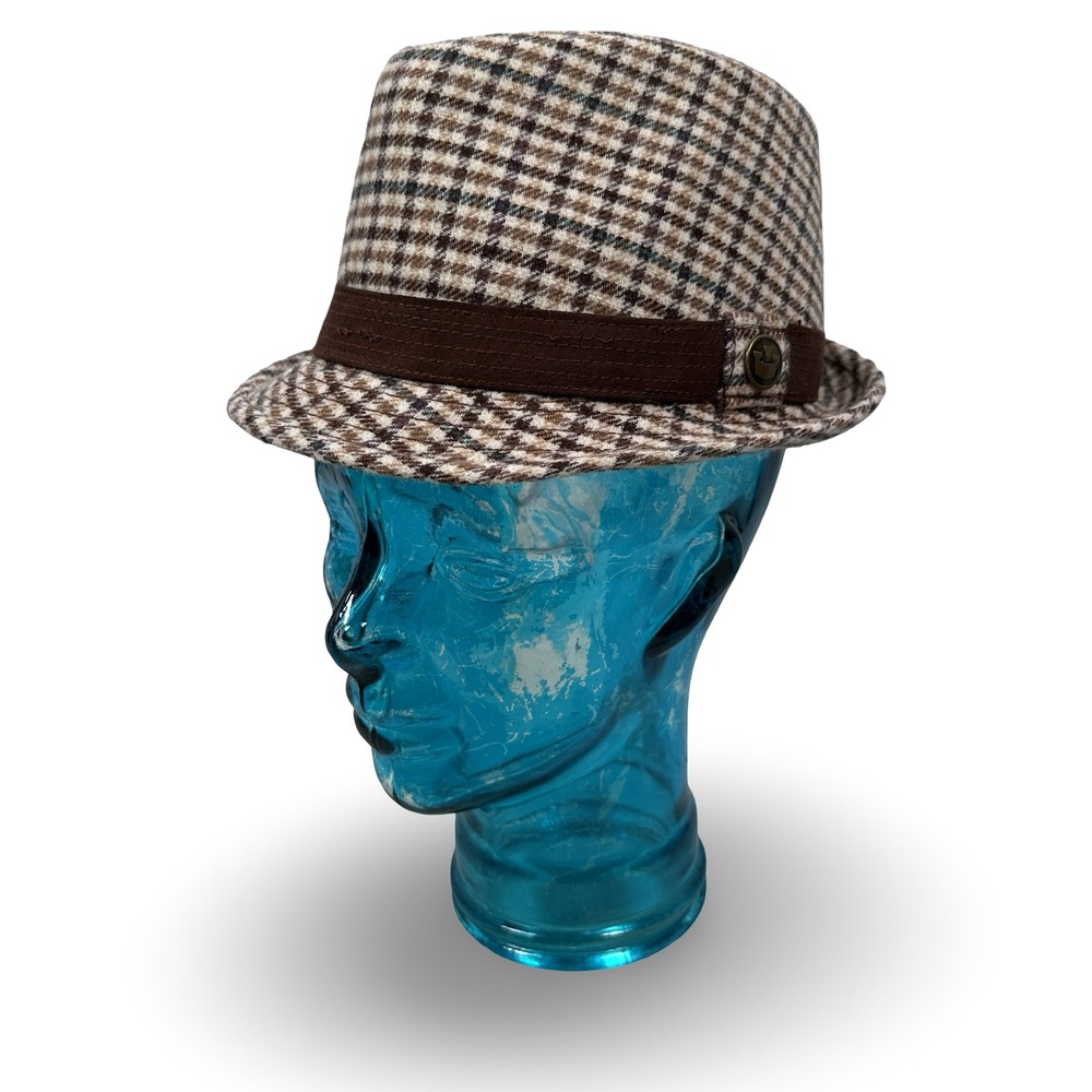 Goorin Bros Mens Brown Check Plaid Wool Fedora Trilby Hat Small Castle Logo